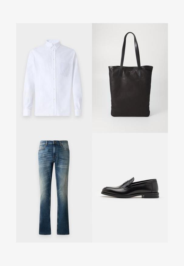 Fehér, hosszú ujjú, gombos ing pamutból, mellzsebbel, tónusos hímzéssel, gallérral és gombos mandzsettával.; Kék farmernadrág egyenes szabással, elhalványult mosással, öt zsebbel és egy barna gombbal a derékrészen.; Fekete bőr loaferek sima textúrával, kerek orral és dekoratív pánttal a vampnál. Alacsony, rétegelt sarkú, minimalista dizájn.; Fekete vászontáska fekete bőr füllel. Egyszerű dizájn, tágas test és sima textúra. Nincsenek látható logók vagy minták.