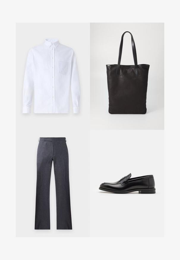 Bílá dlouhá košile s knoflíky vyrobená z bavlny, která má náprsní kapsu s tónovanou výšivkou, límec a knoflíkové manžety.; Šedé elegantní kalhoty z texturované látky, s rovnými nohavicemi, jemným plisováním a bočními poutky na pásek.; Černé kožené polobotky s hladkou texturou, zaoblenou špičkou a zdobným páskem přes nárt. Nízký stohovaný podpatek, minimalistický design.; Černá plátěná taška s černými koženými uchy. Jednoduchý design, prostorné tělo a hladký povrch. Žádné viditelné loga ani vzory.
