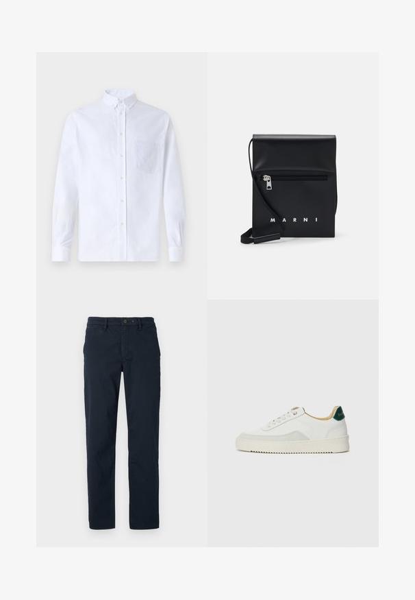 Chemise blanche à manches longues avec boutons en coton, présentant une poche poitrine avec broderie ton sur ton, un col et des poignets boutonnés.; Chinos en coton bleu marine avec une coupe droite, dotés d'une fermeture à bouton, de passants de ceinture et de poches latérales. Texture minimale, sans motifs.; Baskets blanches avec des accents en daim, bout arrondi, lacets plats et semelle en caoutchouc crème. Présente une marque verte sur le talon.; Sac à bandoulière en cuir noir avec une poche avant zippée, logo embossé et une bandoulière ajustable. Texture lisse avec une forme structurée.