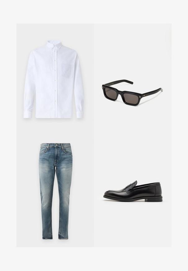 Bela dolgo rukava srajca s kragnico, izdelana iz bombaža, z žepom na prsih in toniranimi vezeninami ter gumbi na manšetah.; Slim-fit modre kavbojke z bledim pranjem, pet žepov, gumbom za zapiranje in subtilnim drgnjenjem na bokih in kolenih.; Črne usnjene loafer čevlje z gladko teksturo, zaobljenim nosom in dekorativnim trakom čez zgornji del. Nizka zložena peta, minimalističen dizajn.; Črne pravokotne sončna očala s temnimi lečami, debelim plastičnim okvirjem, zlatimi detajli na templjih in izgravirano blagovno znamko na ročaju.