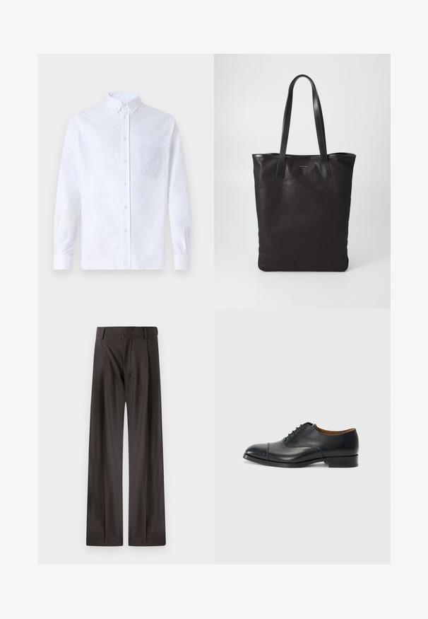 White long-sleeve button-up shirt made of cotton, featuring a chest pocket with tonal embroidery, a collar, and button cuffs.; Wide-leg trousers in dark brown fabric. Features a smooth texture, structured waistband, and subtle front pleats.; Black leather dress shoe with a smooth finish, rounded toe, five eyelets for laces, and low block heel. Minimalist design with subtle stitching.; Black canvas tote bag with black leather handles. Simple design, spacious body, and a smooth texture. No visible logos or patterns.
