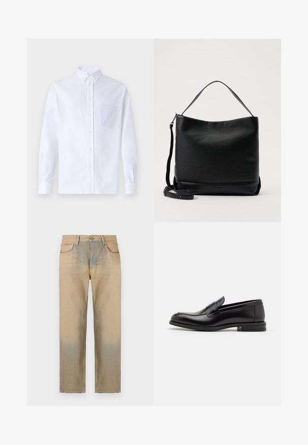 Biała koszula z długim rękawem na guziki, wykonana z bawełny, z kieszonką na piersi z tonowym haftem, kołnierzykiem i zapięciem na guziki przy mankietach.; Beżowe dżinsy w prostym kroju, z wyblakłym efektem na dole, pięcioma kieszeniami oraz zapinane na guzik.; Czarne skórzane mokasyny o gładkiej fakturze, zaokrąglonym nosku i dekoracyjnym pasku na przodzie. Niski, warstwowy obcas, minimalistyczny design.; Czarna skórzana torebka na ramię o teksturowym wykończeniu, z zaokrąglonym dołem i odpinanym paskiem. Charakteryzuje się prostym wzornictwem z minimalną ilością okucia.
