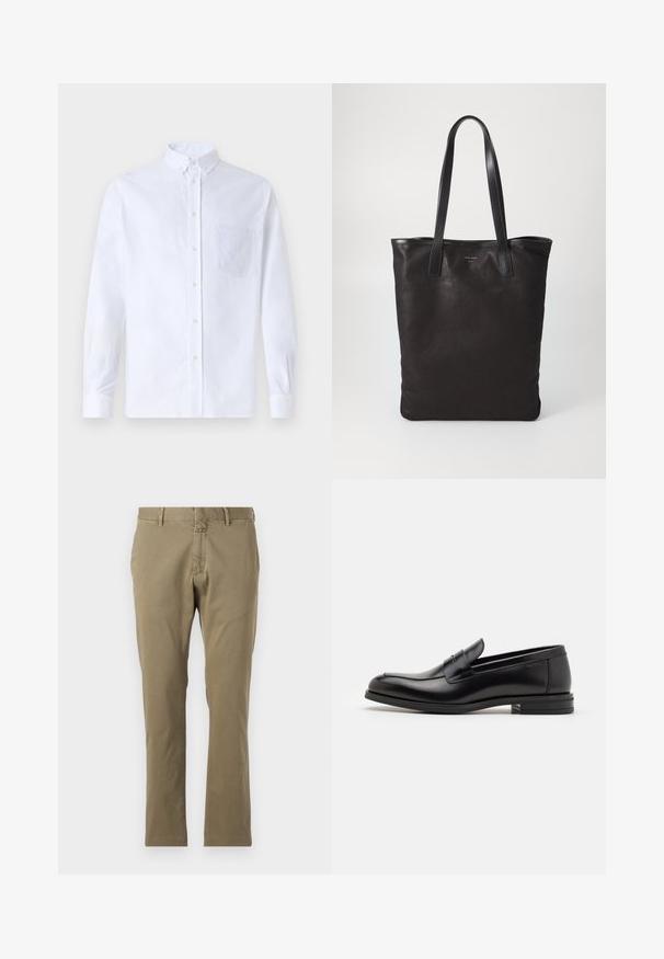 Camisa branca de botão de mangas longas feita de algodão, com um bolso no peito com bordado tonal, colarinho e punhos com botão.; Calças caqui feitas de um tecido de algodão misto, com frente lisa, corte clássico, pernas retas, passadores de cinto e fecho de correr.; Mocassins de couro preto com uma textura suave, bico arredondado e uma faixa decorativa sobre o peito do pé. Salto baixo e empilhado, design minimalista.; Saco de lona preto com alças de couro pretas. Design simples, corpo espaçoso e textura suave. Sem logótipos ou padrões visíveis.