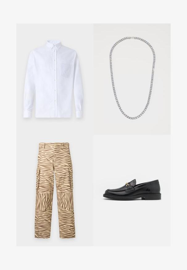 Hvid langærmet skjorte med knapper lavet af bomuld, med en brystlomme med tonal broderi, krave og knapmanchetter.; Cargo bukser i et tan- og creamfarvet zebra-print. Funktioner inkluderer lige ben, to sidelommer og en knaplukning med metalaccenter.; Sorte læder loafers med en rund tå, der har guld hardware accent og syningsdetaljer, placeret på en lav, tekstureret gummisål.; DARKAI TENNIS LONG UNISEX - Halskæder - silver-coloured
