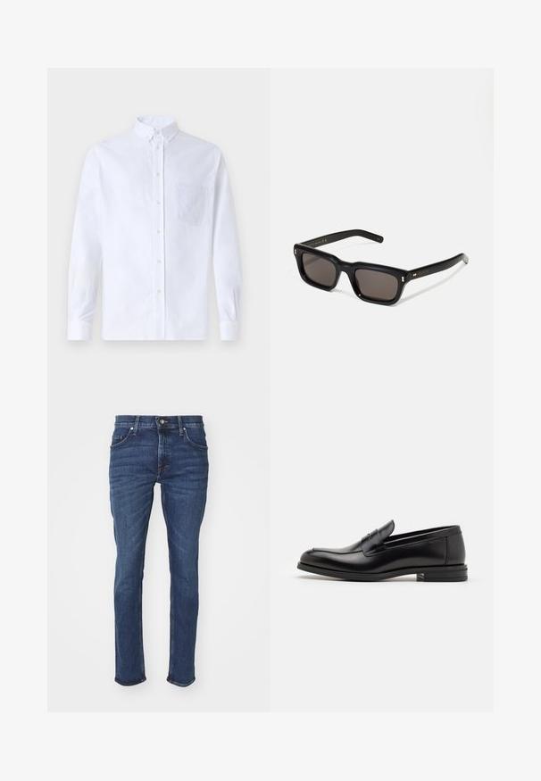 Bela dolgo rukava srajca s kragnico, izdelana iz bombaža, z žepom na prsih in toniranimi vezeninami ter gumbi na manšetah.; Temno modri teksas hlače, ozek kroj, s klasičnim petim žepom, kontrastnim šivanjem in ravnim krojem nogav.; Črne usnjene loafer čevlje z gladko teksturo, zaobljenim nosom in dekorativnim trakom čez zgornji del. Nizka zložena peta, minimalističen dizajn.; Črne pravokotne sončna očala s temnimi lečami, debelim plastičnim okvirjem, zlatimi detajli na templjih in izgravirano blagovno znamko na ročaju.