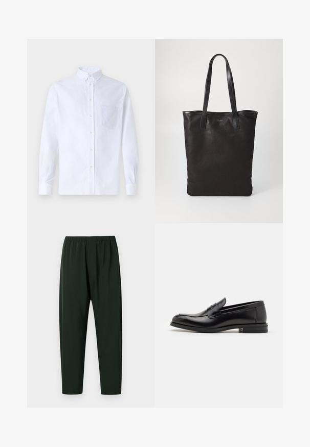 Balts garo piedurknēm krekliņš ar pogām, izgatavots no kokvilnas, ar krūšu kabatu ar tonālu izšuvumu, apkakli un pogām pie piedurknēm.; Melnas taisnas kājas bikses ar elastīgu jostu un gludu auduma apdari, novietotas uz vienkārša balta fona.; Melnas ādas kurpes ar gludu tekstūru, noapaļu purngalu un dekoratīvu siksniņu pāri priekšpusei. Zems sakrauts papēdis, minimālisma dizains.; Melnas auduma iepirkumu soma ar melnām ādas rokturiem. Vienkāršs dizains, plaša forma un gluda tekstūra. Nav redzamu logo vai rakstu.