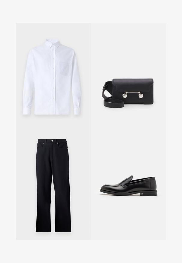 White long-sleeve button-up shirt made of cotton, featuring a chest pocket with tonal embroidery, a collar, and button cuffs.; Black trousers made of textured fabric, featuring a fitted waist, two front pockets, and a straight-leg cut. Silver hardware accents included.; Black leather loafers with a smooth texture, rounded toe, and a decorative strap across the vamp. Low stacked heel, minimalist design.; Black leather crossbody bag with a flap closure, silver-tone hardware, and two round accents. Features a detachable strap. Smooth texture.