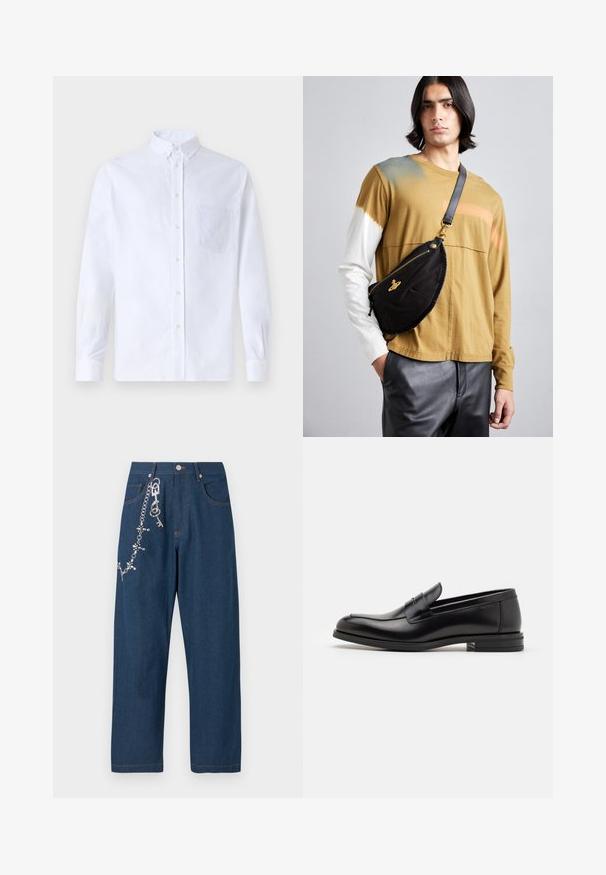 Bijela košulja s dugim rukavima na dugme, izrađena od pamuka, s džepom na prsima s ton-sur-ton vezom, ovratnikom i dugmadi na manžetama.; Tamno plave široke traperice s lancem na lijevoj strani, na kojem su pričvršćeni rhinestones, i vidljivim narančastim šavovima na džepovima i rubovima.; Crni kožni mokasini s glatkom teksturom, zaobljenim prstima i ukrasnom trakom preko prednjeg dijela. Niski slojeviti potplat, minimalistički dizajn.; Vivienne Westwood CITY BUMBAG UNISEX - Pojasna torbica - black