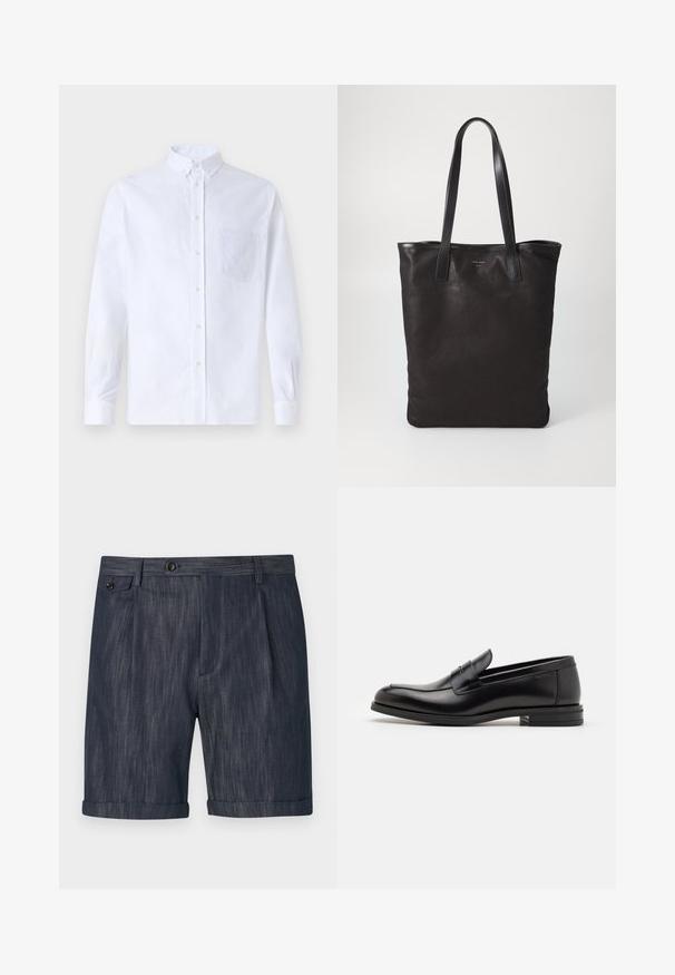 Fehér, hosszú ujjú, gombos ing pamutból, mellzsebbel, tónusos hímzéssel, gallérral és gombos mandzsettával.; Sötétkék, texturált anyagból készült nadrágshorts, hajtott szegéllyel, elülső redőzéssel és egyetlen gombbal ellátott derékrésszel.; Fekete bőr loaferek sima textúrával, kerek orral és dekoratív pánttal a vampnál. Alacsony, rétegelt sarkú, minimalista dizájn.; Fekete vászontáska fekete bőr füllel. Egyszerű dizájn, tágas test és sima textúra. Nincsenek látható logók vagy minták.