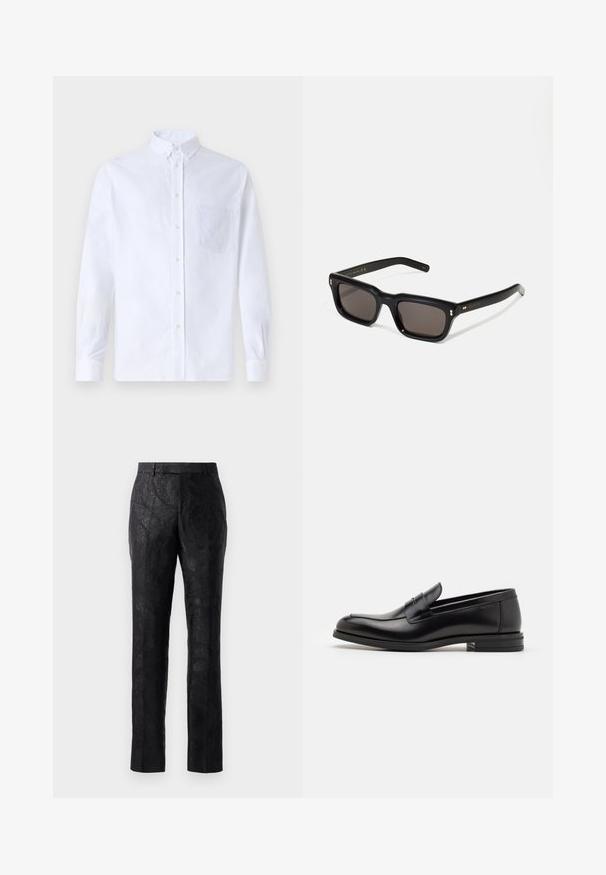 Witte lange mouwen overhemd van katoen, met een borstzak met tonale borduring, een kraag en knopenmanchetten.; Zwarte broek met een subtiele bloemen jacquardprint, recht gesneden en met een zachte textuur. Beschikt over een klassieke tailleband en een op maat gemaakte pasvorm.; Zwarte leren instappers met een gladde textuur, ronde neus en een decoratieve band over de wreef. Lage, gestapelde hak en minimalistisch ontwerp.; Zwarte rechthoekige zonnebril met donkere lenzen, een dik plastic montuur, gouden accenten op de veren en het merkembleem gegraveerd op de arm.