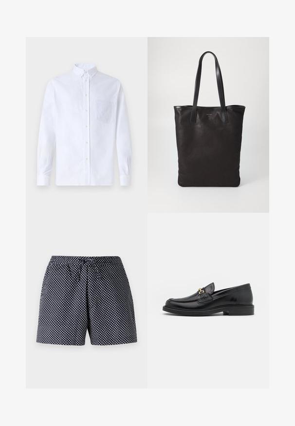 Weißes Langarm-Hemd mit Knöpfen aus Baumwolle, ausgestattet mit einer Brusttasche mit tonalem Stickerei, einem Kragen und Knopfmanschetten.; Marineblaue Shorts mit einem weißen kreisförmigen Punktmuster, ausgestattet mit einem elastischen Bund und einem Kordelzug. Leichter Stoff, lässige Passform.; Schwarze Lederleter mit einer abgerundeten Zehenpartie, ausgestattet mit goldenen Hardwareakzenten und Stichdetails, auf einer niedrigen, strukturierten Gummisohle.; Schwarze Stofftote mit schwarzen Ledergriffen. Einfaches Design, geräumiger Körper und glatte Textur. Keine sichtbaren Logos oder Muster.