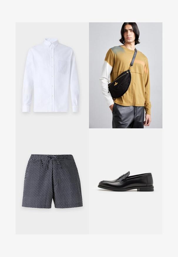 Fehér, hosszú ujjú, gombos ing pamutból, mellzsebbel, tónusos hímzéssel, gallérral és gombos mandzsettával.; Sötétkék rövidnadrág fehér kör alakú pöttyös mintával, rugalmas derékrésszel és zsinórral. Könnyű anyag, laza fit.; Fekete bőr loaferek sima textúrával, kerek orral és dekoratív pánttal a vampnál. Alacsony, rétegelt sarkú, minimalista dizájn.; Vivienne Westwood CITY BUMBAG UNISEX - Övtáska - black