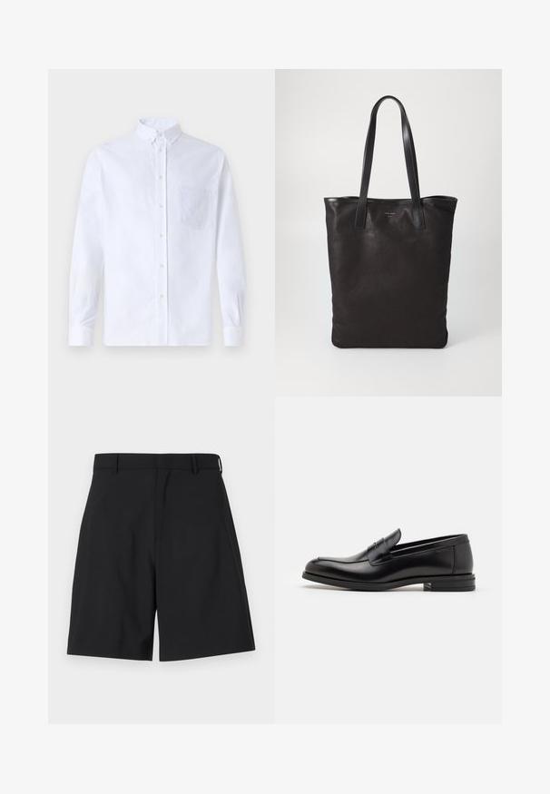 White long-sleeve button-up shirt made of cotton, featuring a chest pocket with tonal embroidery, a collar, and button cuffs.; Black shorts made of smooth fabric with a tailored design, featuring a flat front and two side pockets, and a regular waistband.; Black leather loafers with a smooth texture, rounded toe, and a decorative strap across the vamp. Low stacked heel, minimalist design.; Black canvas tote bag with black leather handles. Simple design, spacious body, and a smooth texture. No visible logos or patterns.