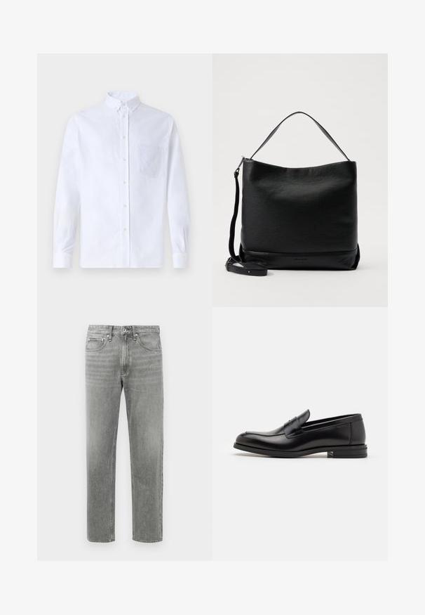 Biely dlhý rukáv košeľa s gombíkmi vyrobená z bavlny, s náprsného vrecka s tonálnou výšivkou, golierom a gombíkovými manžetami.; Sivé denimové nohavice so strihom rovného nohavicu, s klasickým dizajnom piatich vreciek a jemným blednutím pre textúru. Štandardné zapínanie na zips.; Čierne kožené mokasíny s hladkou textúrou, zaoblenou špičkou a dekoračným pásikom cez priehlavok. Nízky vrstvený opätok, minimalistický dizajn.; Čierna kožená taška na rameno s textúrovaným povrchom, zakriveným vrchom a odnímateľným popruhom. Obsahuje jednoduchý dizajn s minimálnym hardvérom.