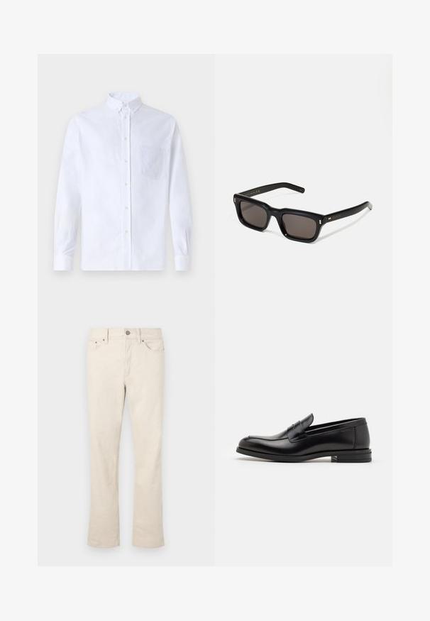 Bela dolgo rukava srajca s kragnico, izdelana iz bombaža, z žepom na prsih in toniranimi vezeninami ter gumbi na manšetah.; Bež hlače iz bombažne mešanice s ravnim krojem. Imajo sprednje zapiranje na gumb in zadrgo, pet žepov ter subtilne šivane detajle.; Črne usnjene loafer čevlje z gladko teksturo, zaobljenim nosom in dekorativnim trakom čez zgornji del. Nizka zložena peta, minimalističen dizajn.; Črne pravokotne sončna očala s temnimi lečami, debelim plastičnim okvirjem, zlatimi detajli na templjih in izgravirano blagovno znamko na ročaju.