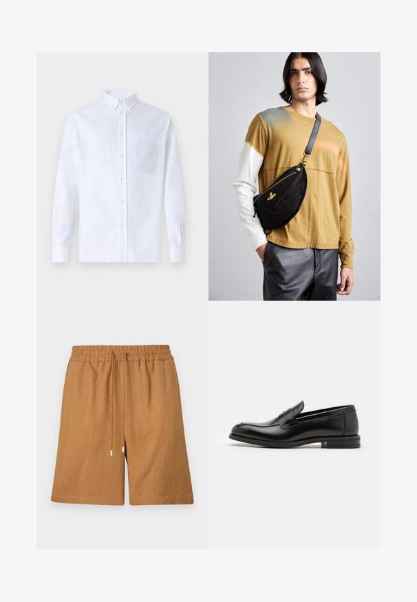 Balta ilga rankovė mygtukų marškiniai, pagaminti iš medvilnės, su krūtine kišene ir toniniu siuvinėjimu, apykakle ir mygtukų apvadu.; Rudos lino šortai su elastiniu liemeniu, raišteliu ir laisvu kirpimu. Ypatybės: glotni tekstūra ir siūtos briaunos.; Juodos odinės loafers, turinčios lygų paviršių, apvalią noselę ir dekoratyvinę juostą per priekinę dalį. Žemas krentantis kulnas, minimalistinis dizainas.; Vivienne Westwood CITY BUMBAG UNISEX - Diržinis krepšelis - black