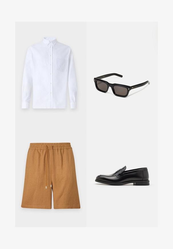 Bílá dlouhá košile s knoflíky vyrobená z bavlny, která má náprsní kapsu s tónovanou výšivkou, límec a knoflíkové manžety.; Hnědé lněné šortky s elastickým pasem, stahovací šnůrkou a volným střihem. Mají hladkou texturu a prošité lemy.; Černé kožené polobotky s hladkou texturou, zaoblenou špičkou a zdobným páskem přes nárt. Nízký stohovaný podpatek, minimalistický design.; Černé obdélníkové sluneční brýle s tmavými skly, silným plastovým rámem, zlatými akcenty na spáncích a vyrytým logem značky na nožičce.