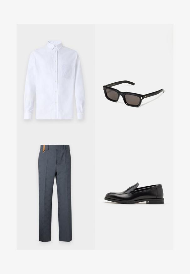 White long-sleeve button-up shirt made of cotton, featuring a chest pocket with tonal embroidery, a collar, and button cuffs.; Gray patterned trousers with a smooth texture, featuring a flat front and a brown leather accent on the waistband. Tailored fit with straight legs.; Black leather loafers with a smooth texture, rounded toe, and a decorative strap across the vamp. Low stacked heel, minimalist design.; Black rectangular sunglasses with dark lenses, thick plastic frame, gold accents on temples, and brand logo engraved on the arm.