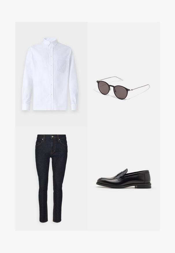 Balts garo piedurknēm krekliņš ar pogām, izgatavots no kokvilnas, ar krūšu kabatu ar tonālu izšuvumu, apkakli un pogām pie piedurknēm.; Tumši zila džinsu auduma bikses ar pieguļošu dizainu, piecām kabatām un kontrastējošām dzeltenām šuvēm. Klasiska taisnā kāju stila.; Melnas ādas kurpes ar gludu tekstūru, noapaļu purngalu un dekoratīvu siksniņu pāri priekšpusei. Zems sakrauts papēdis, minimālisma dizains.; Melni apaļi saulesbrilles ar tumšiem lēca un plānām metāla stangām. Iekļautas caurspīdīgas tempļu galviņas un sudraba akcenti pie eņģes. Minimalistisks dizains.