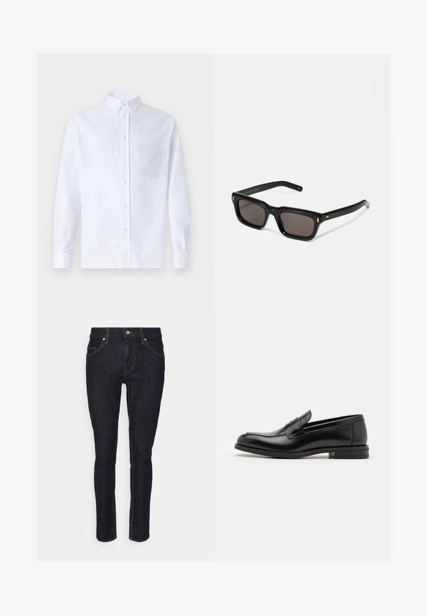 Balts garo piedurknēm krekliņš ar pogām, izgatavots no kokvilnas, ar krūšu kabatu ar tonālu izšuvumu, apkakli un pogām pie piedurknēm.; Tumši zila džinsu auduma bikses ar pieguļošu dizainu, piecām kabatām un kontrastējošām dzeltenām šuvēm. Klasiska taisnā kāju stila.; Melnas ādas kurpes ar gludu tekstūru, noapaļu purngalu un dekoratīvu siksniņu pāri priekšpusei. Zems sakrauts papēdis, minimālisma dizains.; Melnas taisnstūra formas saulesbrilles ar tumšiem stikliem, bieza plastmasas rāmja, zelta akcenti pie tempļiem un zīmola logo iegravēts roku daļā.