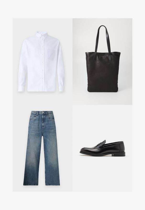 Bílá dlouhá košile s knoflíky vyrobená z bavlny, která má náprsní kapsu s tónovanou výšivkou, límec a knoflíkové manžety.; Modré denimové kalhoty s širokými nohavicemi a vysokým pasem, které mají jemné zvětrání, pět kapes a kovové zapínání na knoflík vpředu.; Černé kožené polobotky s hladkou texturou, zaoblenou špičkou a zdobným páskem přes nárt. Nízký stohovaný podpatek, minimalistický design.; Černá plátěná taška s černými koženými uchy. Jednoduchý design, prostorné tělo a hladký povrch. Žádné viditelné loga ani vzory.