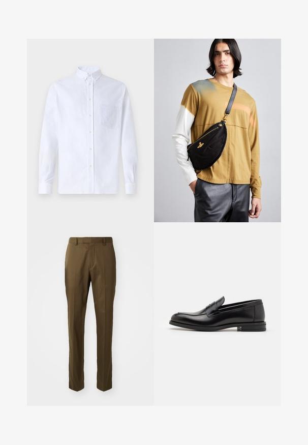 Chemise blanche à manches longues avec boutons en coton, présentant une poche poitrine avec broderie ton sur ton, un col et des poignets boutonnés.; Pantalons marron ajustés avec une coupe droite, en tissu lisse, dotés de poches latérales et d'un pli sur le devant.; Mocassins en cuir noir avec une texture lisse, bout rond et une sangle décorative sur le dessus. Talon bas empilé, design minimaliste.; Vivienne Westwood CITY BUMBAG UNISEX - Sac banane - black