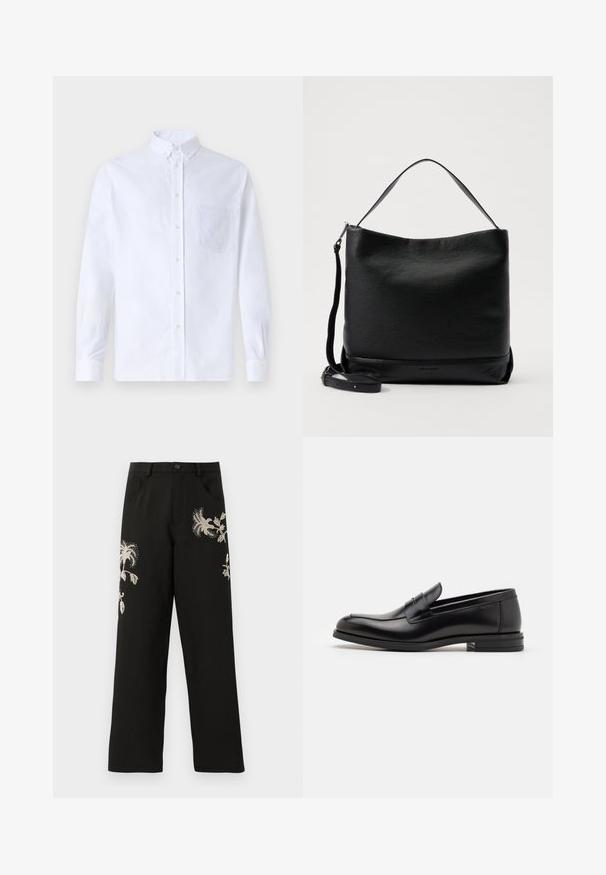 Valge pikamaa varrukatega nööbiga särk, mis on valmistatud puuvillast ja millel on rinna tasku toon-toonis brodeeringuga, krae ja nööbiga mansetid.; Mustad lai jalad püksid kreemitooni lillede tikanditega. Omavad eespool taskuid ja nööbilukku, valmistatud siledast kangast.; Mustad mustad nahast loafers sileda tekstuuriga, ümarat ninaosa ja dekoratiivne riba vampi üle. Madal kihiline konts, minimalistlik disain.; Mustmust mustraha, millel on tekstureeritud pind, kumer ülaosa ja eemaldatav rihm. Omab lihtsat disaini minimaalse riistvaraga.