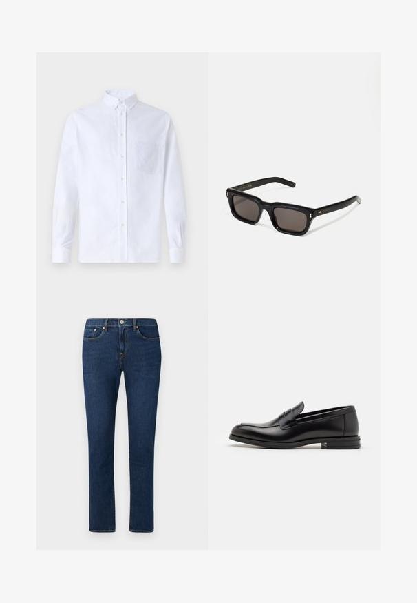 White long-sleeve button-up shirt made of cotton, featuring a chest pocket with tonal embroidery, a collar, and button cuffs.; Dark blue denim jeans with a straight leg design, featuring a classic five-pocket style and a button closure at the waistband.; Black leather loafers with a smooth texture, rounded toe, and a decorative strap across the vamp. Low stacked heel, minimalist design.; Black rectangular sunglasses with dark lenses, thick plastic frame, gold accents on temples, and brand logo engraved on the arm.
