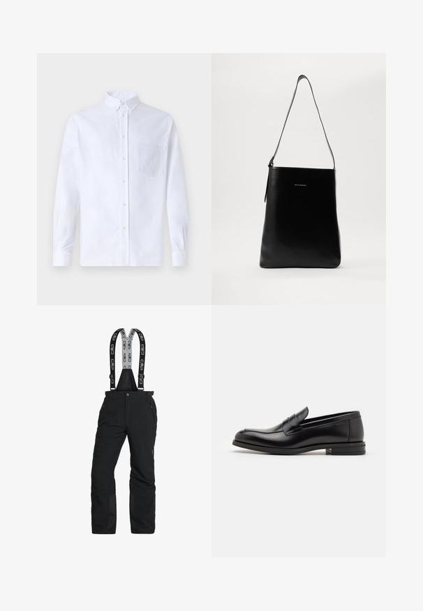 Biely dlhý rukáv košeľa s gombíkmi vyrobená z bavlny, s náprsného vrecka s tonálnou výšivkou, golierom a gombíkovými manžetami.; Čierne snehové nohavice s nastaviteľnými trhacími popruhmi, so zipsovými vreckami a vystuženými členkami. Vyrobené z nepremokavého materiálu s hladkou textúrou.; Čierne kožené mokasíny s hladkou textúrou, zaoblenou špičkou a dekoračným pásikom cez priehlavok. Nízky vrstvený opätok, minimalistický dizajn.; Čierna kožená ramenná taška s hladkou textúrou, obdĺžnikovým tvarom a dlhým popruhom; na strede sa nachádza malé biele logo.