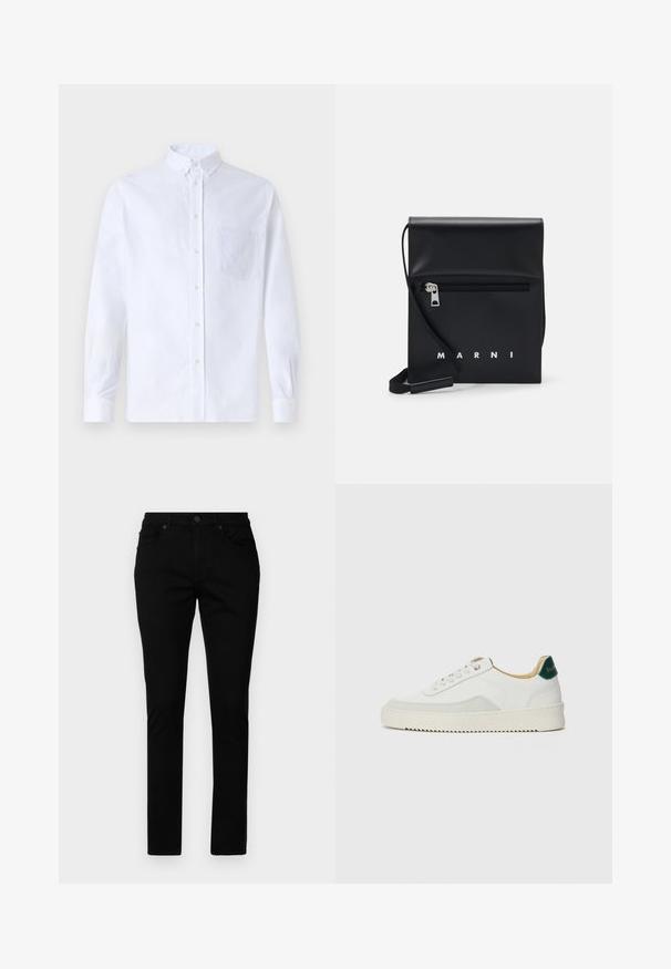 Camisa blanca de manga larga y botonadura frontal, hecha de algodón, con un bolsillo en el pecho con bordado tonal, cuello y puños con botones.; Vaqueros de mezclilla negra de corte slim, con un diseño clásico de cinco bolsillos, cierre de botón y detalles de costura mínimos.; Zapatilla blanca con acentos de ante, puntera redondeada, cordones planos y suela de goma color crema. Presenta un logo verde en el talón.; Bolso de hombro de cuero negro con un bolsillo frontal con cremallera, logo en relieve y correa ajustable. Textura suave con una forma estructurada.