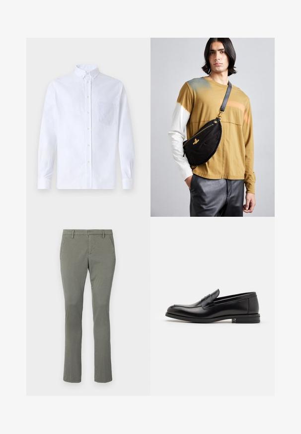 Bela dolgo rukava srajca s kragnico, izdelana iz bombaža, z žepom na prsih in toniranimi vezeninami ter gumbi na manšetah.; Sive chinos s straight leg oblikom, z dvema stranskima žepoma in čistim pasom. Narejeni so iz gladkega, lahkega materiala.; Črne usnjene loafer čevlje z gladko teksturo, zaobljenim nosom in dekorativnim trakom čez zgornji del. Nizka zložena peta, minimalističen dizajn.; Vivienne Westwood CITY BUMBAG UNISEX - Torbica za okoli pasu - black