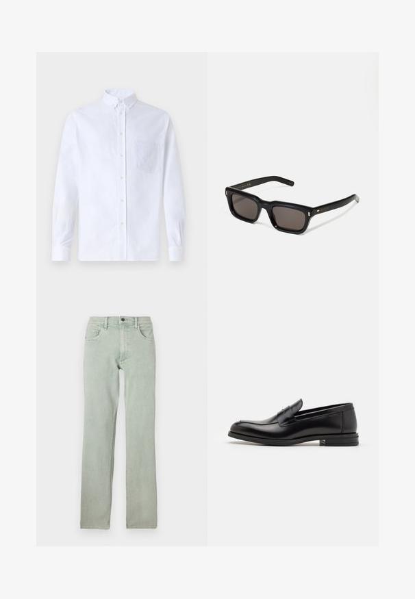 Valge pikamaa varrukatega nööbiga särk, mis on valmistatud puuvillast ja millel on rinna tasku toon-toonis brodeeringuga, krae ja nööbiga mansetid.; Heledad rohelised teksad sirge lõikega, viie taskuga disain ja nööbiga sulgur, kerge fade efektiga ja siledast tekstuurist.; Mustad mustad nahast loafers sileda tekstuuriga, ümarat ninaosa ja dekoratiivne riba vampi üle. Madal kihiline konts, minimalistlik disain.; Mustad mustakorruselised prillid tumedate läätsedega, paks plastikraam, kuldsed aksendid templites ning kaubamärgi logo graveeritud käe lilla.