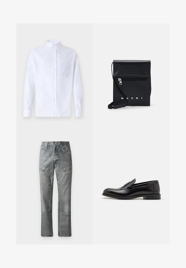 Camisa blanca de manga larga y botonadura frontal, hecha de algodón, con un bolsillo en el pecho con bordado tonal, cuello y puños con botones.; Jeans de mezclilla gris con corte recto, que cuentan con bolsillos frontales, costuras visibles y un acabado desgastado. El material tiene una textura suave.; Mocasines de cuero negro con una textura suave, puntera redondeada y una tira decorativa en el empeine. Tacón bajo apilado, diseño minimalista.; Bolso de hombro de cuero negro con un bolsillo frontal con cremallera, logo en relieve y correa ajustable. Textura suave con una forma estructurada.