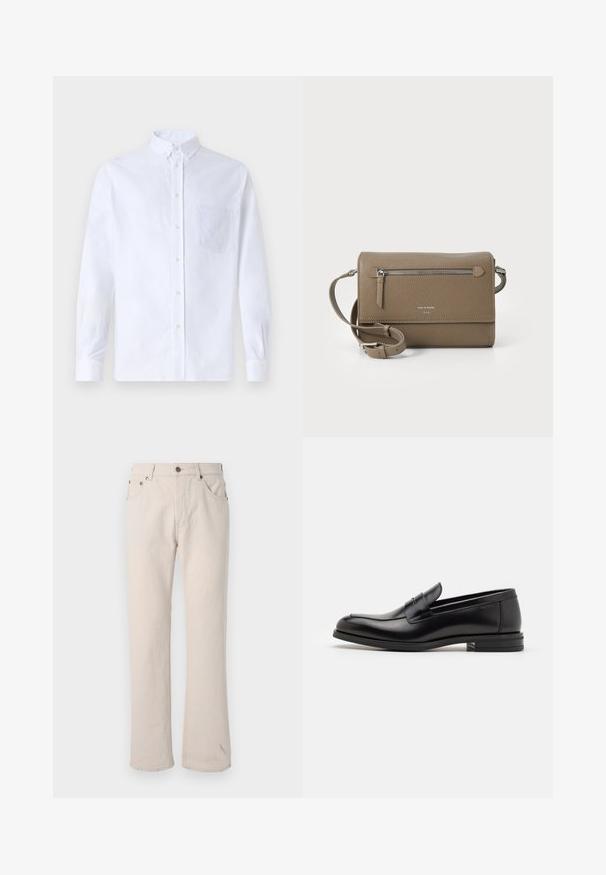 Balts garo piedurknēm krekliņš ar pogām, izgatavots no kokvilnas, ar krūšu kabatu ar tonālu izšuvumu, apkakli un pogām pie piedurknēm.; Bežīgas džinsa bikses ar taisnu piegriezumu, piecas kabatas, pogu aizdare un smalkas vīles šuvju detaļas.; Melnas ādas kurpes ar gludu tekstūru, noapaļu purngalu un dekoratīvu siksniņu pāri priekšpusei. Zems sakrauts papēdis, minimālisma dizains.; Taupe krāsas ādas pleca soma ar rāvējslēdzēja priekšējo kabatu, regulējamu siksnu, akmens tekstūru un iegravētu logo priekšpusē.