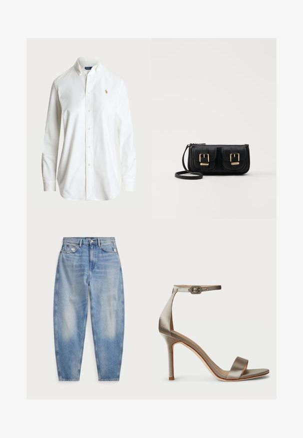 Hvit skjorte med klassisk krage, lange ermer og en diskret brodert logo på brystet. Laget av kvalitets bomullsstoff.; Lys blå høyt midje jeans med avsmalnende ben, front- og baklommer, svak slitasje nær frontlommer og knappelukking.; Sølv satin høyhælte sandaler med ankelrem, og en dekorativ spenne. Åpen tå og slank, elegant design.; Svart skinn crossbody veske med to frontlommer, gyldne spenner, glidelåslukking og en slank stropp. Teksturert overflate og kompakt rektangulær form.