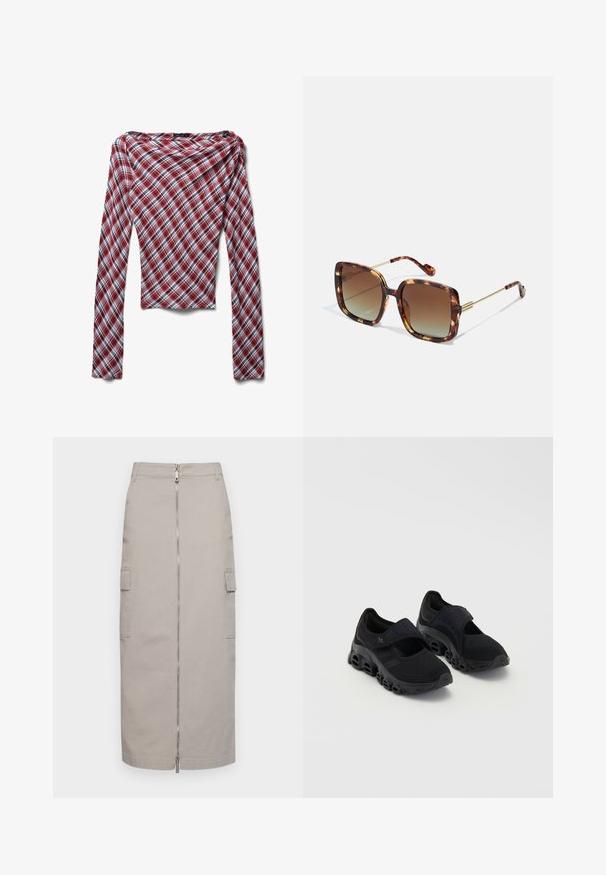 Top a maniche lunghe a quadri rosso, bianco e nero con scollatura ampia e silhouette aderente, presentato su sfondo bianco.; Gonna grigia a lunghezza ginocchio realizzata in cotone con cerniera frontale e due tasche laterali, caratterizzata da un taglio dritto e linee pulite.; Scarpe sportive nere con tomaia in rete, cinturino sicuro sopra il piede, suola spessa con ritagli arrotondati e dettagli testurizzati sui lati.; Occhiali da sole tortoise brown con forma quadrata, lenti sfumate e dettagli in metallo dorato sulle aste e sui templi. Superficie texturizzata.; Desigual Borsa a mano - brown