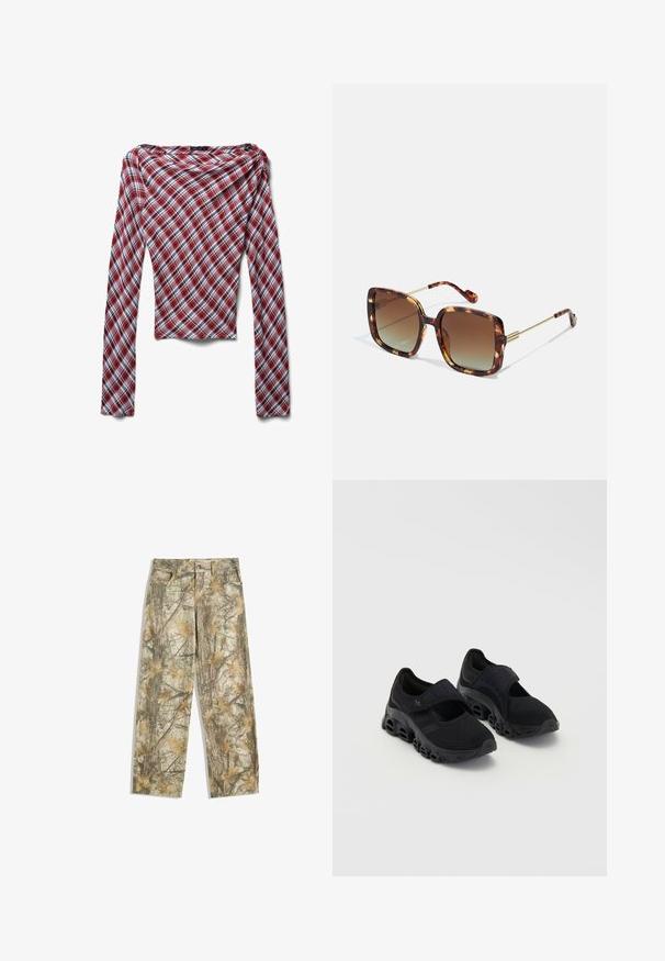 Top a maniche lunghe a quadri rosso, bianco e nero con scollatura ampia e silhouette aderente, presentato su sfondo bianco.; Pantaloni mimetici con un motivo a foglie verde e marrone multicolore, dotati di una classica cinque tasche e una vestibilità ampia.; Scarpe sportive nere con tomaia in rete, cinturino sicuro sopra il piede, suola spessa con ritagli arrotondati e dettagli testurizzati sui lati.; Occhiali da sole tortoise brown con forma quadrata, lenti sfumate e dettagli in metallo dorato sulle aste e sui templi. Superficie texturizzata.; Desigual Borsa a mano - brown