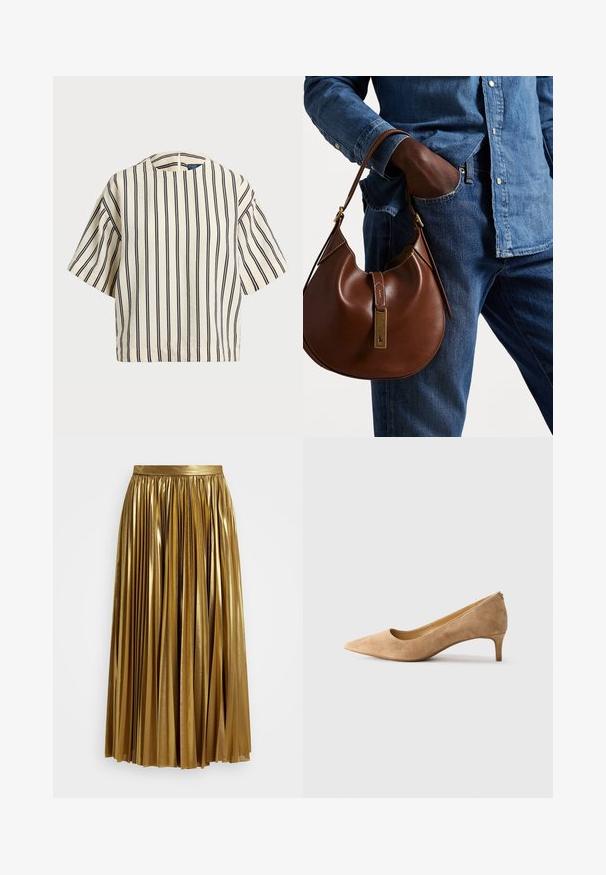 Lyhythihainen, raidallinen paita kirkas- ja tummansinisen sävyissä, jossa on pyöreä pääntie ja laatikkomainen muotoilu tekstuuritetussa kankaassa.; Kultainen laskostettu maksihame, jossa on kiiltävä pinta, korkea vyötärö ja valuva tekstuuri, sopii erilaisiin tilaisuuksiin.; Beige mokkasini korkea korko, matalalla kitten-kiilalla, sivuprofiili valkoista taustaa vasten.; Ruskea nahkainen hobo laukku pyöreällä muotoilulla, jossa on kultaiset yksityiskohdat ja kontrastiväriommeltu. Yhdistetty farkkupaitaan ja farkkuihin.