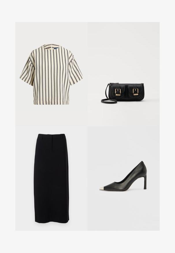Kortärmad randig topp i krämfärgad och marinblå, med rund halsringning och fyrkantig design i en texturerad tyg.; Svart, knälång pennkjol i slät tyg med en figurnära midja, som har diskreta frontveck och inga synliga knäppningar.; Svart skinnsko med hög klack, spetsig tå och metallisk silverhätta. Har en slät yta och en smal klack på 10 cm.; Svart läderaxelväska med två framfickor, guldspännen, dragkedjestängning och en smal rem. Texturerad yta och kompakt rektangulär form.