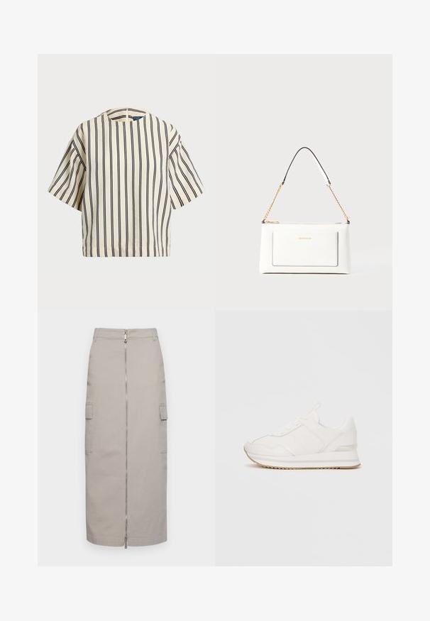 T-shirt à manches courtes, rayé crème et marine, présentant un col rond et un design boxy avec un tissu texturé.; Jupe grise longueur genou en coton avec une fermeture éclair à l'avant et deux poches latérales, présentant une coupe droite et des lignes épurées.; Baskets basses blanches avec un système de laçage à l'avant, semelle rembourrée et semelle en caoutchouc beige sur fond uni.; Sac à main en cuir blanc avec un fini texturé, doté d'une bandoulière en chaîne dorée et d'accents noirs. Comprend une poche avant et une fermeture éclair.