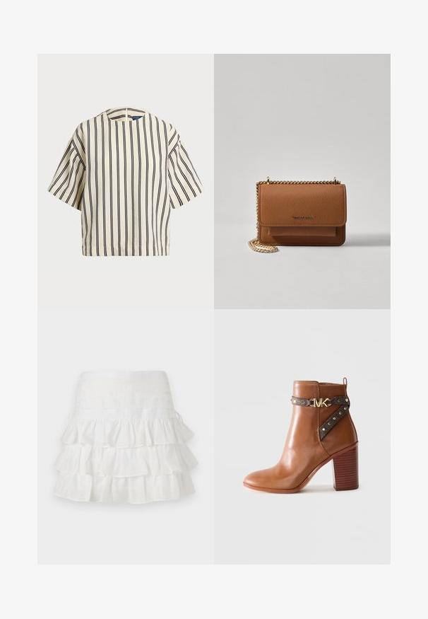 T-skjorte med korte ermer, stripet i kremfarge og marineblå, med rund hals og en boxy design i en strukturert stoff.; sandro JUPE - Miniskjørt - blanc; Brune lær ankle boot med stablet blokhæl, sidestraps med guldnitter og en guld "MK" logo spænde.; Brun teksturert lær crossover-veske med gullkjede-stropp og klaffelukking. Fronten har logo-detalj og en lomme under klaffen.