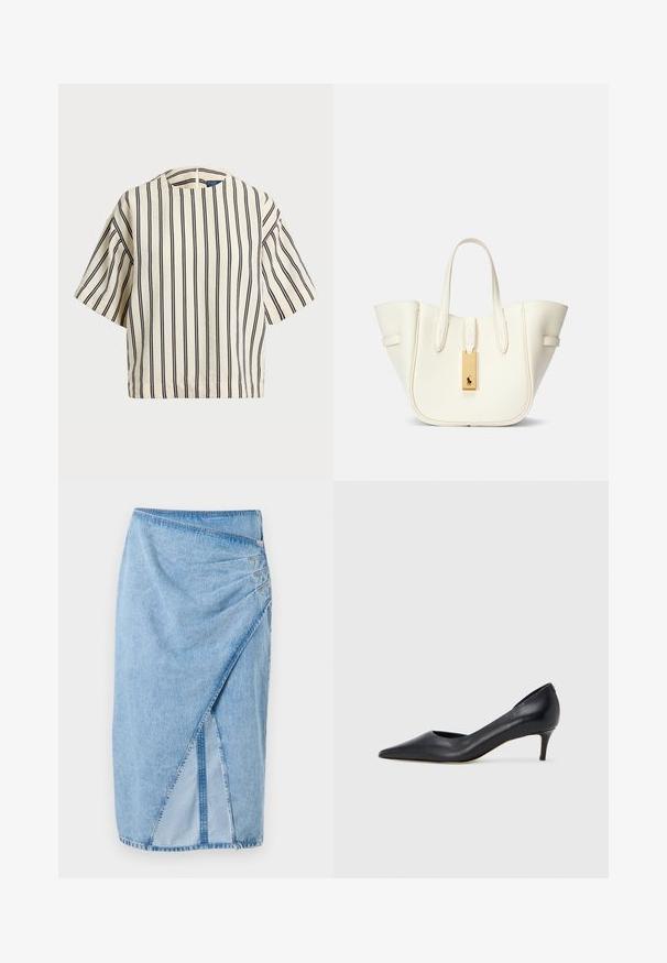 Krátky rukáv, pruhovaný top v krémovej a námorníckej modrej farbe, s okrúhlym výstrihom a štvorcovým strihom z texturovanej tkaniny.; Denimová sukňa vo svetlomodrej farbe s obopnutým dizajnom, ktorá má šité akcenty a bočný zips. Tkanina má textúrovaný povrch.; Čierny kožený lodička s špičatou špičkou a nízkym opätkom. Má hladkú textúru a jemný lesk. Vpredu je otvorený výrez pre zvýraznenie detailu.; Biela kožená kabelka s pevnou štruktúrou, výrazným prešívaním, zlatým kovovým štítkom a dvojitými uchami. Textúrovaný povrch s bočnými vreckami.