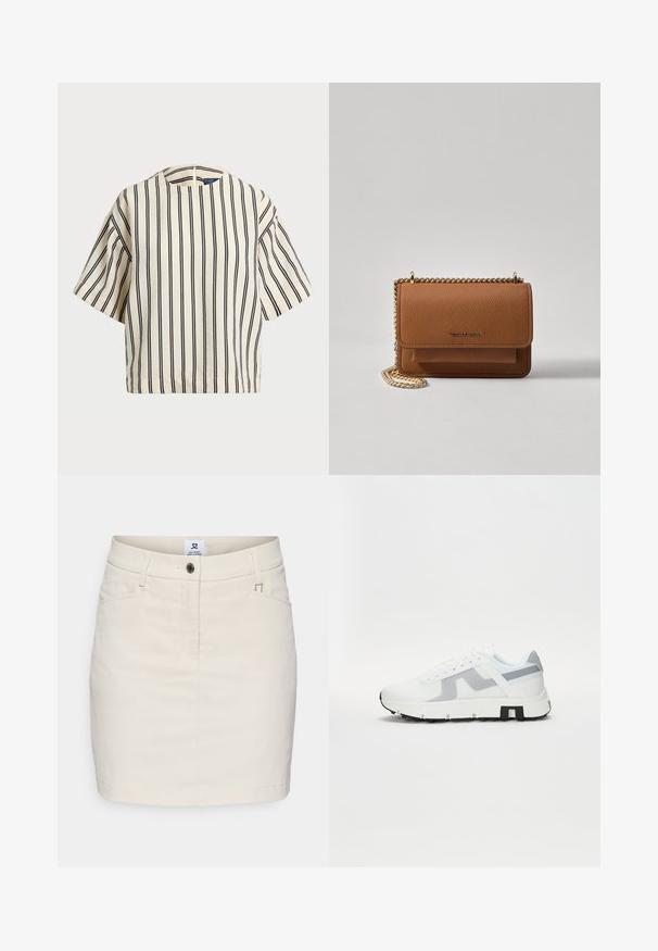 T-skjorte med korte ermer, stripet i kremfarge og marineblå, med rund hals og en boxy design i en strukturert stoff.; Knelang, lys beige bomullsskjørt med glidelås, øverste knappelås, to frontlommer og minimalistisk design.; Hvit atletisk sneakers med grå detaljer, en teksturert overdel, tykk såle og kontrasterende svart hældetalj. Snøring med nettingpaneler.; Brun teksturert lær crossover-veske med gullkjede-stropp og klaffelukking. Fronten har logo-detalj og en lomme under klaffen.