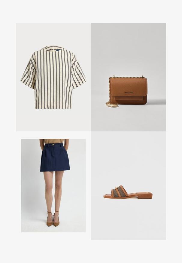 Top de manga corta a rayas en crema y azul marino, con cuello redondo y un diseño cuadrado, confeccionado en una tela texturizada.; Minifalda azul marino con un patrón de cuadrícula texturizado, que cuenta con un botón en la parte delantera, pliegues y una cintura no elástica.; Sandalia tipo chancla marrón con dos tiras anchas de tela en un patrón oscuro, con tacón plano y acento de herrajes dorados.; Bolso crossbody de cuero texturizado marrón con correa de cadena dorada y cierre de solapa. La parte frontal presenta un detalle de logo y un bolsillo debajo de la solapa.