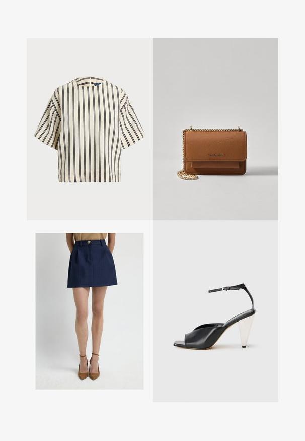 Lyhythihainen, raidallinen paita kirkas- ja tummansinisen sävyissä, jossa on pyöreä pääntie ja laatikkomainen muotoilu tekstuuritetussa kankaassa.; Tummansininen minihame, jossa on teksturoitu ruutukuvio, etupainike, laskokset ja ei-joustava vyötärö.; Mustat nahkaiset korkokengät avonaisella varpaalla, epäsymmetrinen muotoilu, nilkkaremmi ja metallinen kartiomallinen korko. Tasainen pinta kauttaaltaan.; Ruskean teksturoidun nahkasta valmistettu crossbody-laukku, jossa on kultaketjuhihna ja läppäkiinnitys. Edessä on logodetail ja tasku läppäisen alla.