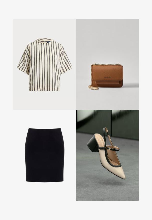 Korte mouwen, gestreepte top in crème en marineblauw, met een ronde halslijn en een boxy ontwerp van een textuurstof.; Zwarte kokerrok tot de knie met een aangesloten taille en een gladde, effen stof, weergegeven op een witte achtergrond.; Beige puntige slingback schoen met zwarte rand, gouden gesp en een chunky blokhak op een grijze vloer met een donker groene achtergrond.; Bruine lederen schoudertas met textuur, voorzien van een gouden kettingstrap en klepsluiting. De voorkant heeft een logo-detail en een zak onder de klep.
