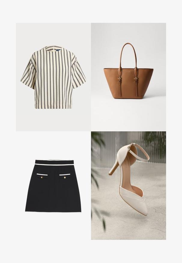 Short-sleeve, striped top in cream and navy, featuring a round neckline and boxy design with a textured fabric.; Black skirt with a white trim at the waistband and pockets. Features two front pockets with gold buttons. Smooth fabric texture.; White high-heeled shoe in smooth material with pointed toe and ankle strap. Features a light tan interior and gold-tone hardware accent.; Brown leather tote bag with textured surface, tapered shape, two sturdy handles, and decorative gold-tone hardware accents.