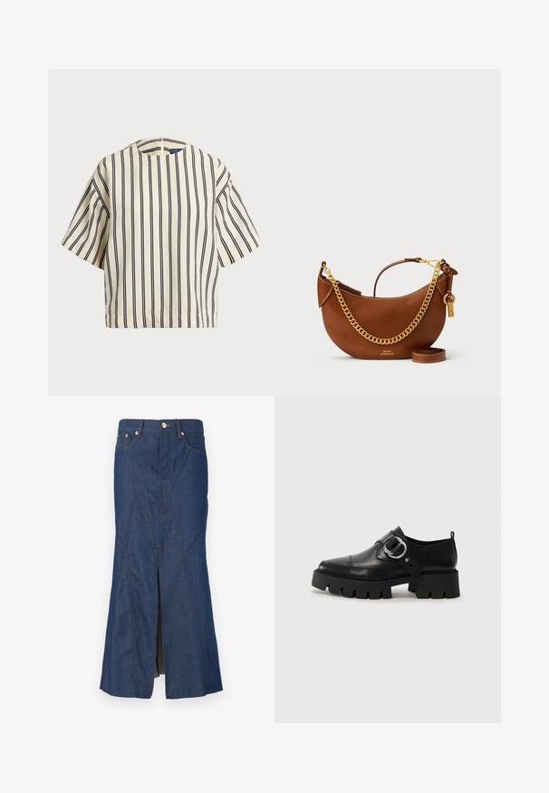 Top de manga corta a rayas en crema y azul marino, con cuello redondo y un diseño cuadrado, confeccionado en una tela texturizada.; La falda de mezclilla cuenta con una cintura alta, un diseño hasta la rodilla, costuras naranjas en contraste y una abertura frontal para facilitar el movimiento.; Zapatos de cuero negro con una suela gruesa y estriada, que presentan un acento de hardware plateado en forma circular y un detalle de costura mínima.; Bolso de mano de piel marrón con un diseño curvado, correa de cadena dorada, bolsillo interior y una correa de hombro desmontable. Presenta costuras en contraste.