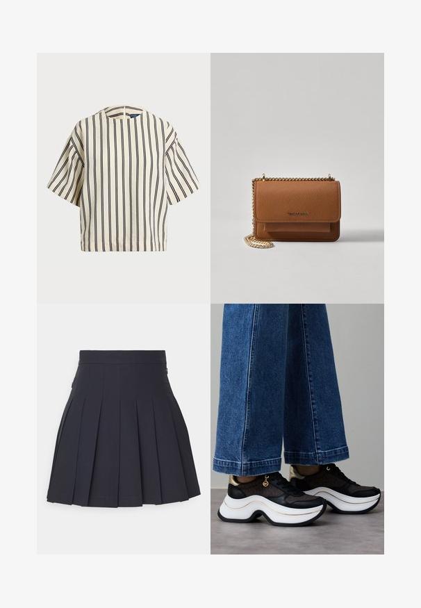 Top de manga curta, riscado em creme e azul marinho, com decote redondo e design boxy em tecido texturizado.; J.LINDEBERG Sports ADINA GOLF SKIRT - Saia desportiva - navy; Ténis pretos e dourados com sola branca curva. Tecido texturizado com detalhes do logótipo. Combinados com calças largas de ganga azul.; Bolsa crossbody de couro texturizado castanho com alça de corrente dourada e fecho com aba. A parte da frente apresenta detalhe do logótipo e um bolso sob a aba.