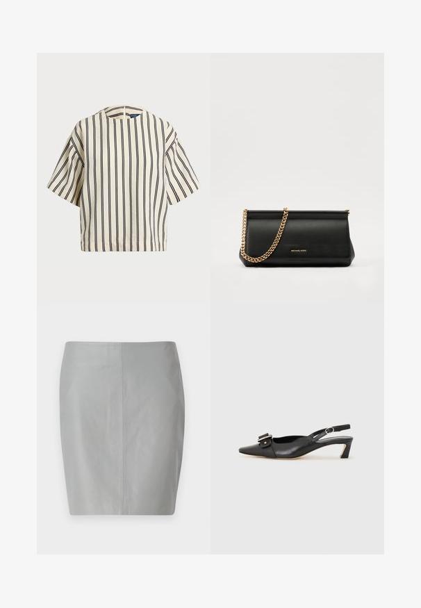 Korte mouwen, gestreepte top in crème en marineblauw, met een ronde halslijn en een boxy ontwerp van een textuurstof.; Grijs leren potloodrok met een gladde textuur, met een eenvoudig ontwerp en een centrale naad die verticaal langs de achterkant loopt.; Zwarte leren slingback schoen met scherpe neus, kleine hak en decoratieve gespdetails op de bovenkant. Stijlvolle textuur, minimalistisch ontwerp.; Zwarte leren clutch tas met een gouden kettinghengsel, voorzien van een gladde textuur, rechthoekige vorm en reliëfmerk op de voorkant.